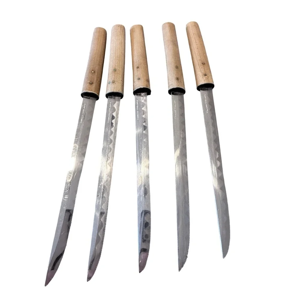 Vintage Samurai Japanese Stainless Steel Fish Knife Set Wood Sheaths 5 piece set